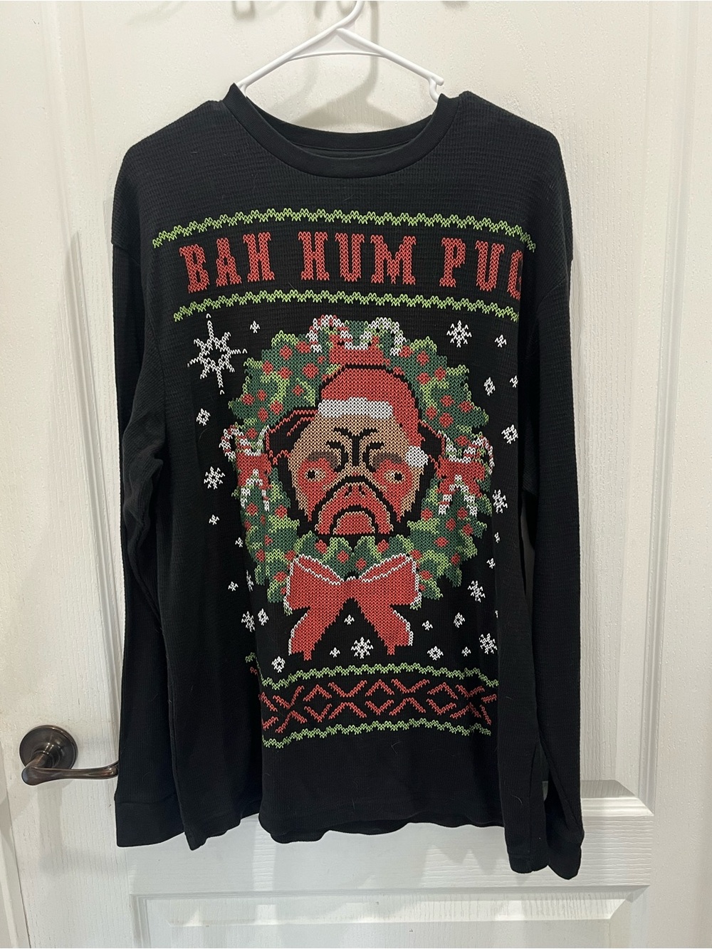 Men’s Black Crewneck Ugly Christmas Sweater with Festive Pug Wreath Graphic